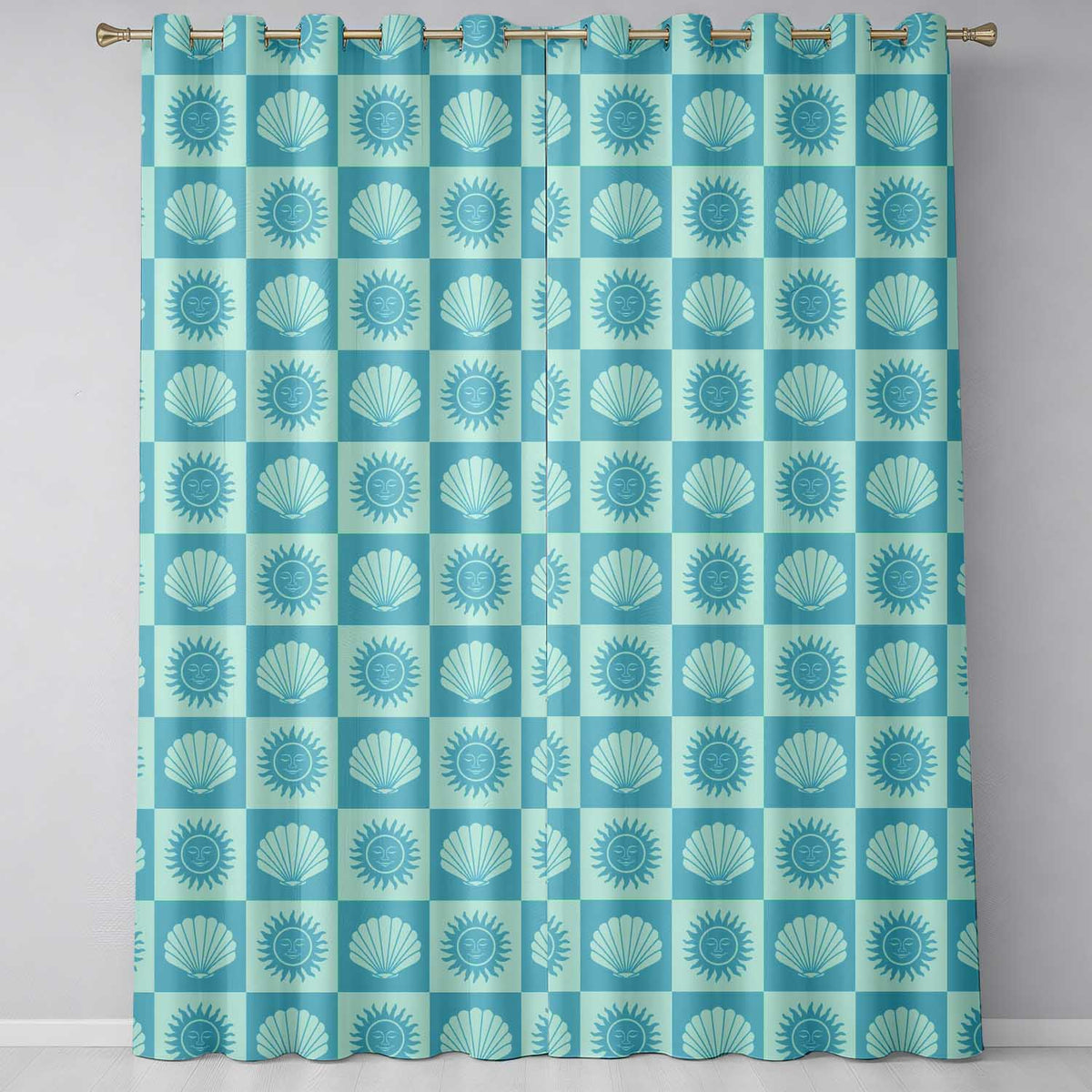 Teal Sun and Seashell Checkerboard Coastal Style Seamless Pattern  Readymade Eyelet Ring Top Thermal 100% Blackout Curtains