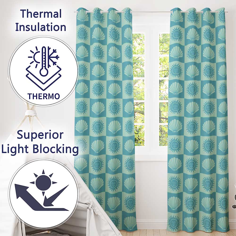 Teal Sun and Seashell Checkerboard Coastal Style Seamless Pattern  Readymade Eyelet Ring Top Thermal 100% Blackout Curtains