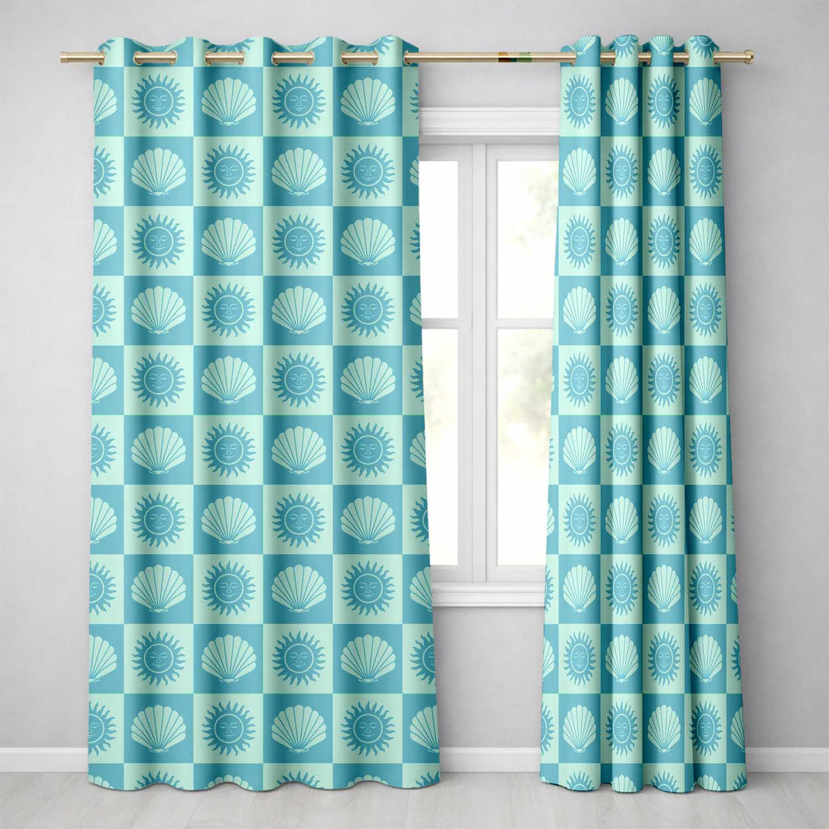 Teal Sun and Seashell Checkerboard Coastal Style Seamless Pattern  Readymade Eyelet Ring Top Thermal 100% Blackout Curtains