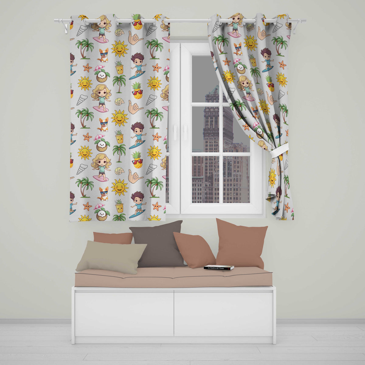 Cute Summer Beach Cartoon Kids Surf Pineapple Dog Seamless Pattern  Readymade Eyelet Ring Top Thermal 100% Blackout Curtains