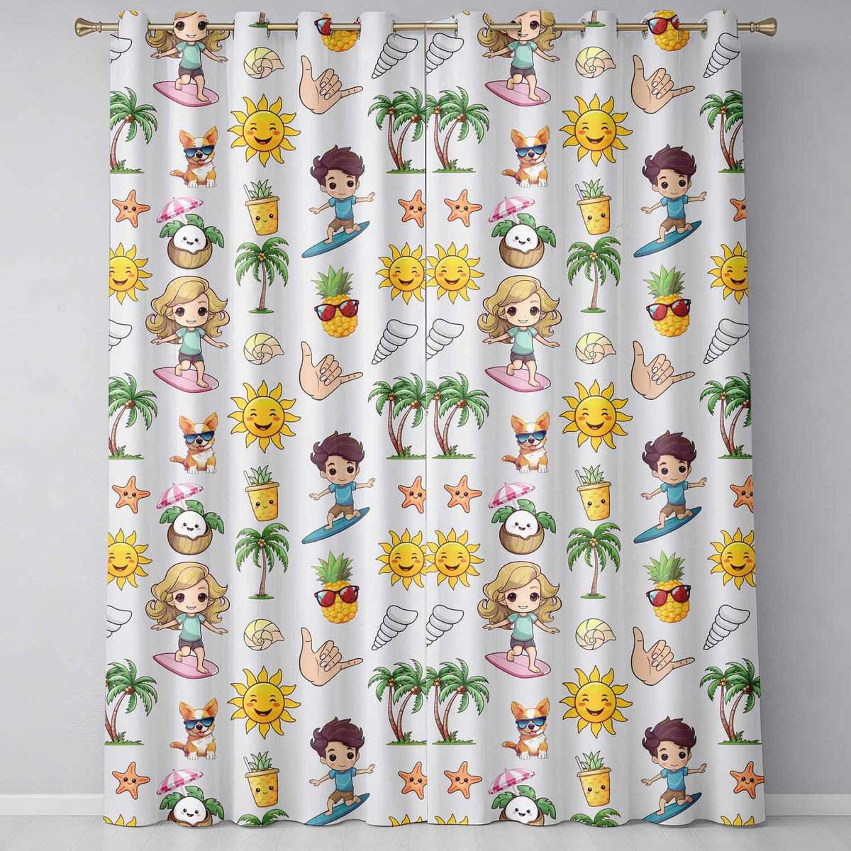 Cute Summer Beach Cartoon Kids Surf Pineapple Dog Seamless Pattern  Readymade Eyelet Ring Top Thermal 100% Blackout Curtains