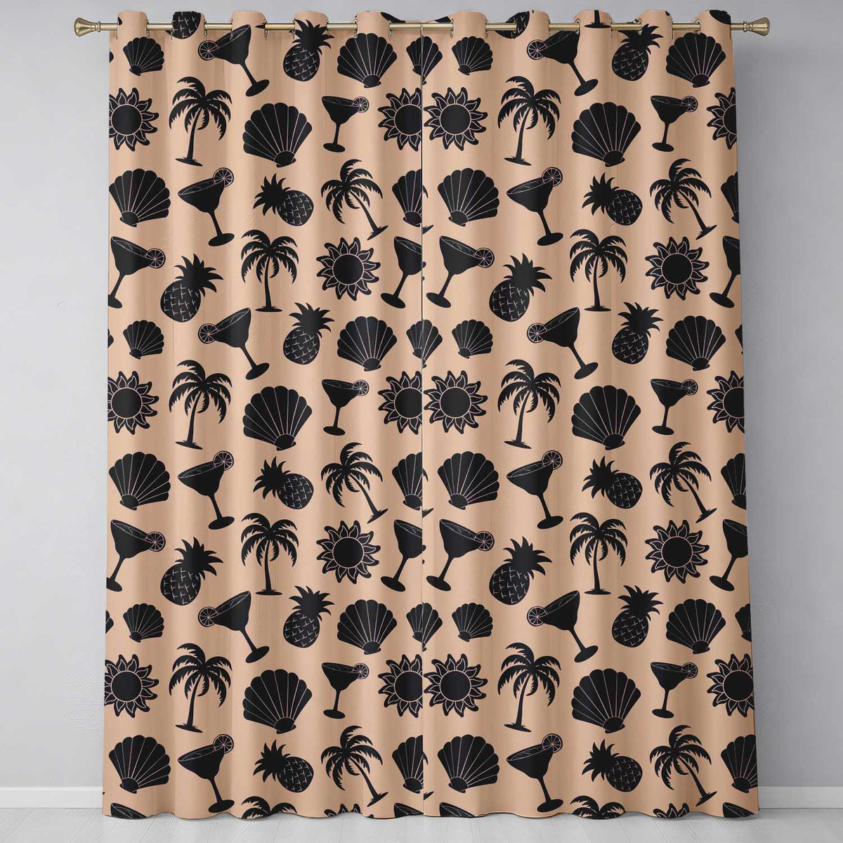 Tropical Beach  Silhouette Palm Pineapple Cocktail Shell Seamless Pattern  Readymade Eyelet Ring Top Thermal 100% Blackout Curtains