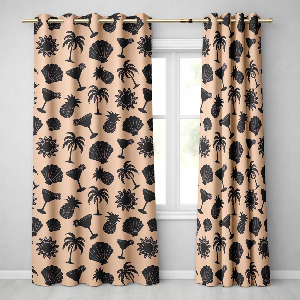 Tropical Beach  Silhouette Palm Pineapple Cocktail Shell Seamless Pattern  Readymade Eyelet Ring Top Thermal 100% Blackout Curtains