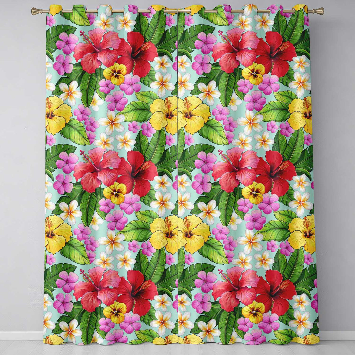 Tropical Hibiscus Flowers Mint Background Plumeria Leaves Seamless Pattern  Readymade Eyelet Ring Top Thermal 100% Blackout Curtains