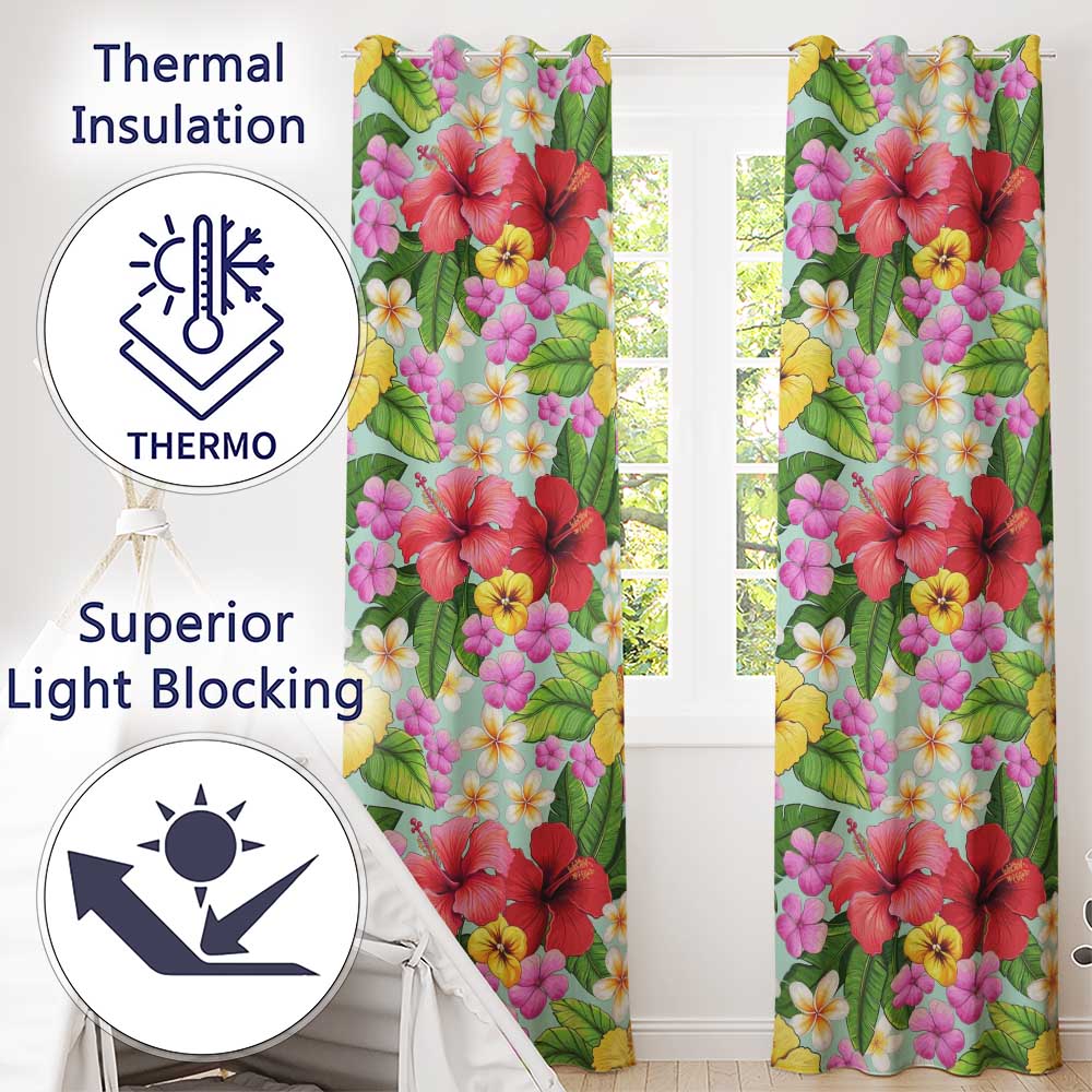 Tropical Hibiscus Flowers Mint Background Plumeria Leaves Seamless Pattern  Readymade Eyelet Ring Top Thermal 100% Blackout Curtains
