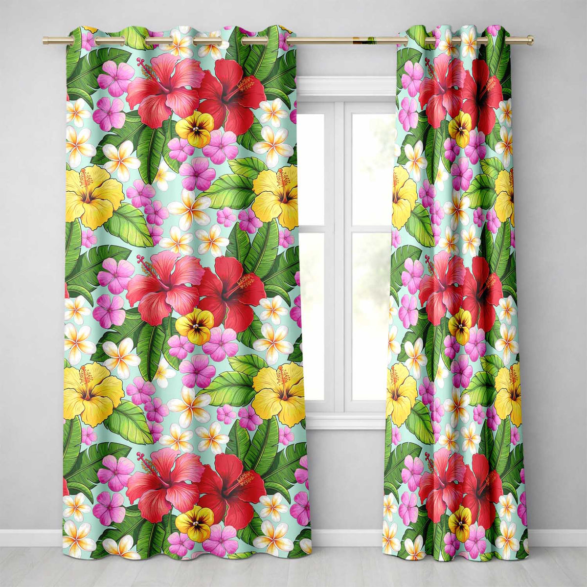 Tropical Hibiscus Flowers Mint Background Plumeria Leaves Seamless Pattern  Readymade Eyelet Ring Top Thermal 100% Blackout Curtains