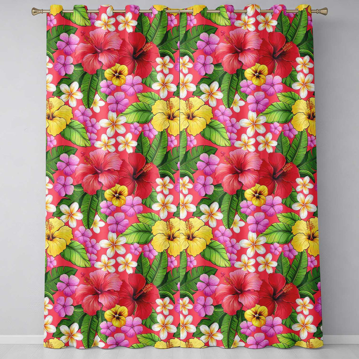 Tropical Hibiscus Flowers Red Background Plumeria Leaves Seamless Pattern  Readymade Eyelet Ring Top Thermal 100% Blackout Curtains