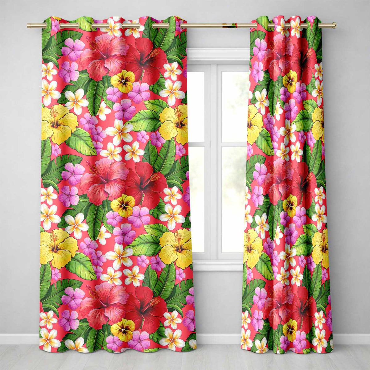 Tropical Hibiscus Flowers Red Background Plumeria Leaves Seamless Pattern  Readymade Eyelet Ring Top Thermal 100% Blackout Curtains