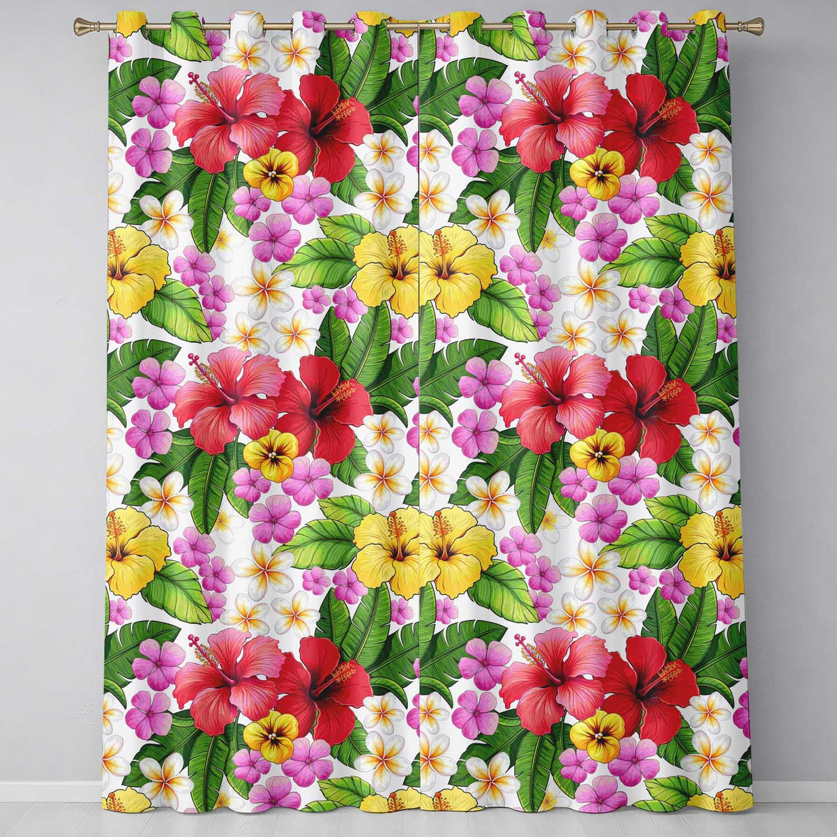 Tropical Hibiscus Flowers White Background Plumeria Leaves Seamless Pattern  Readymade Eyelet Ring Top Thermal 100% Blackout Curtains