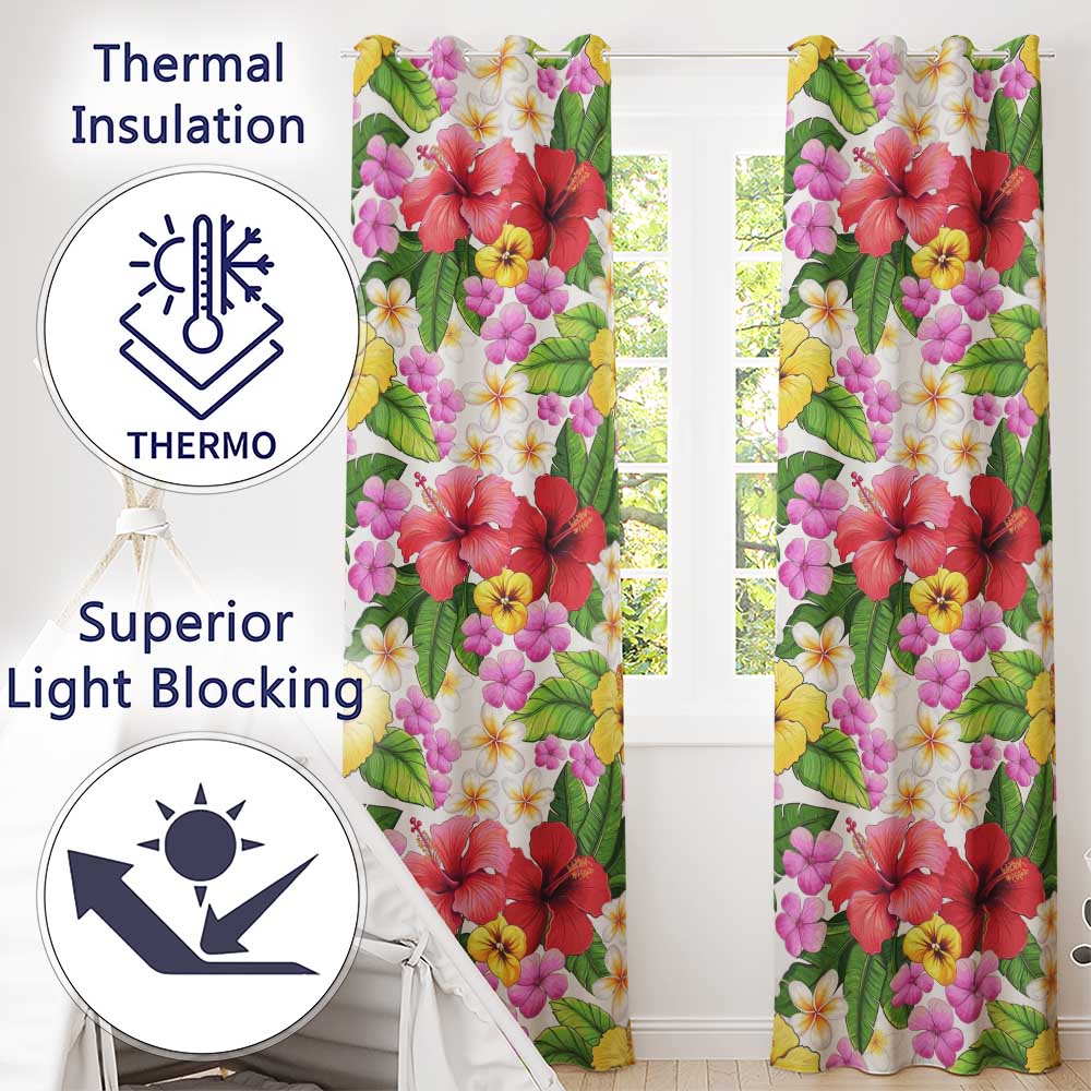 Tropical Hibiscus Flowers White Background Plumeria Leaves Seamless Pattern  Readymade Eyelet Ring Top Thermal 100% Blackout Curtains
