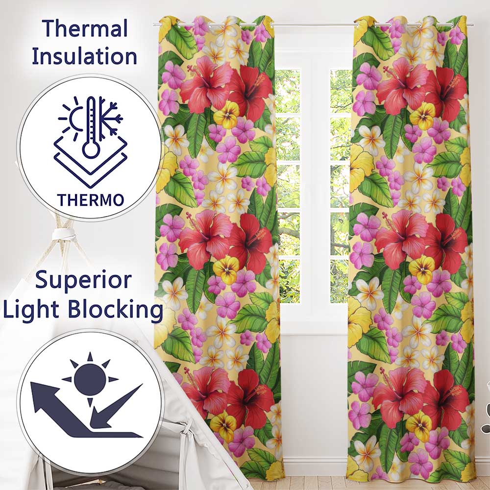 Tropical Hibiscus Flowers Cream Background Plumeria Leaves Seamless Pattern  Readymade Eyelet Ring Top Thermal 100% Blackout Curtains