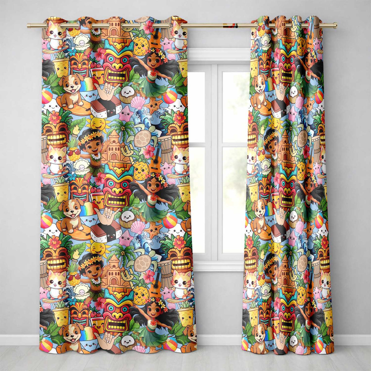 Cute Hawaiian Kids Blue Background Tiki Beach Summer Cartoon Seamless Pattern  Readymade Eyelet Ring Top Thermal 100% Blackout Curtains