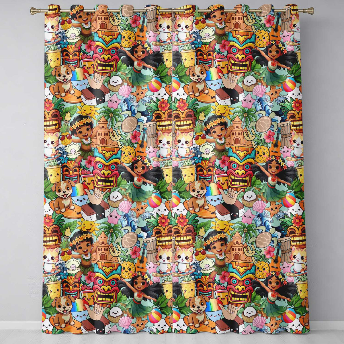 Cute Hawaiian Kids Teal Background Tiki Beach Summer Cartoon Seamless Pattern  Readymade Eyelet Ring Top Thermal 100% Blackout Curtains