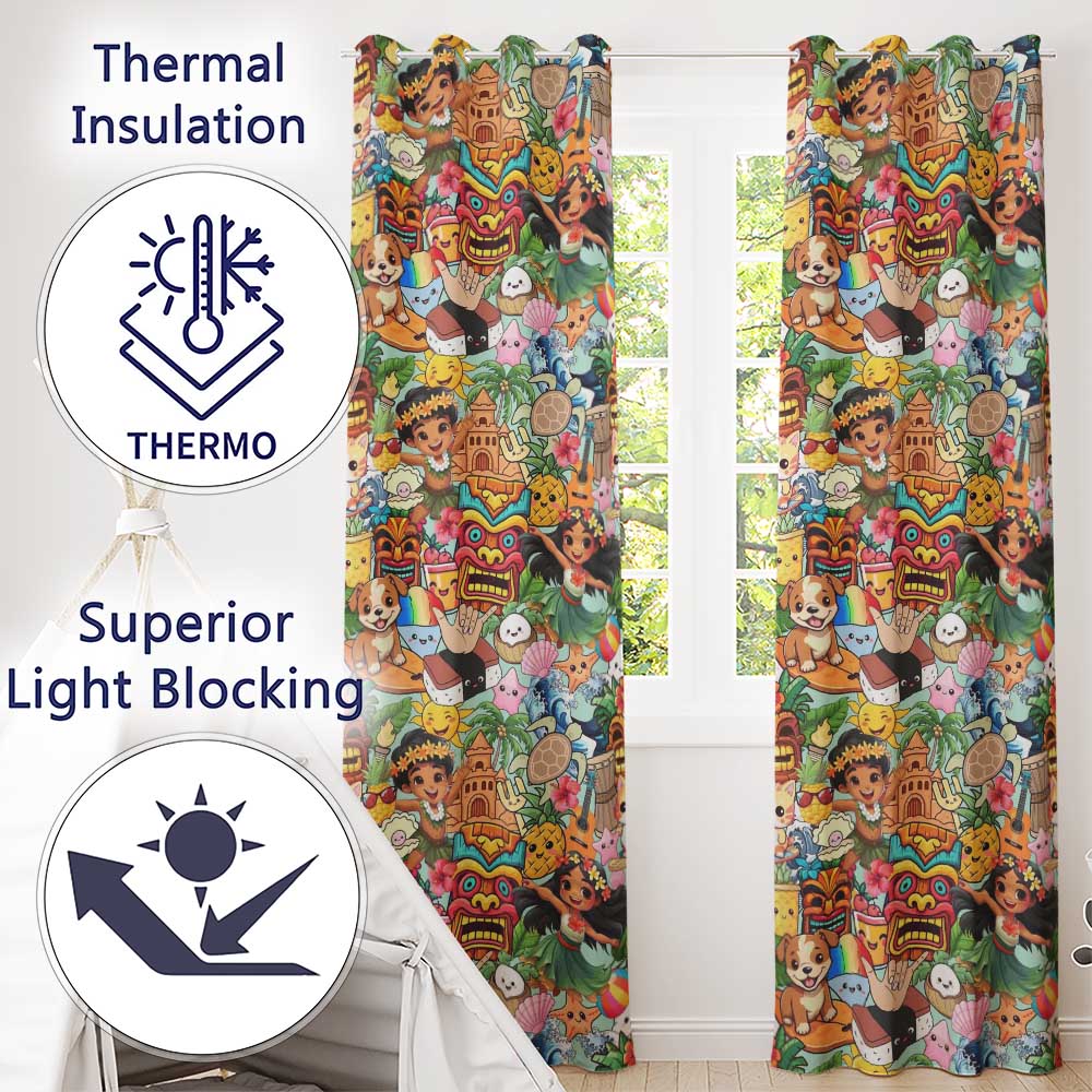 Cute Hawaiian Kids Teal Background Tiki Beach Summer Cartoon Seamless Pattern  Readymade Eyelet Ring Top Thermal 100% Blackout Curtains