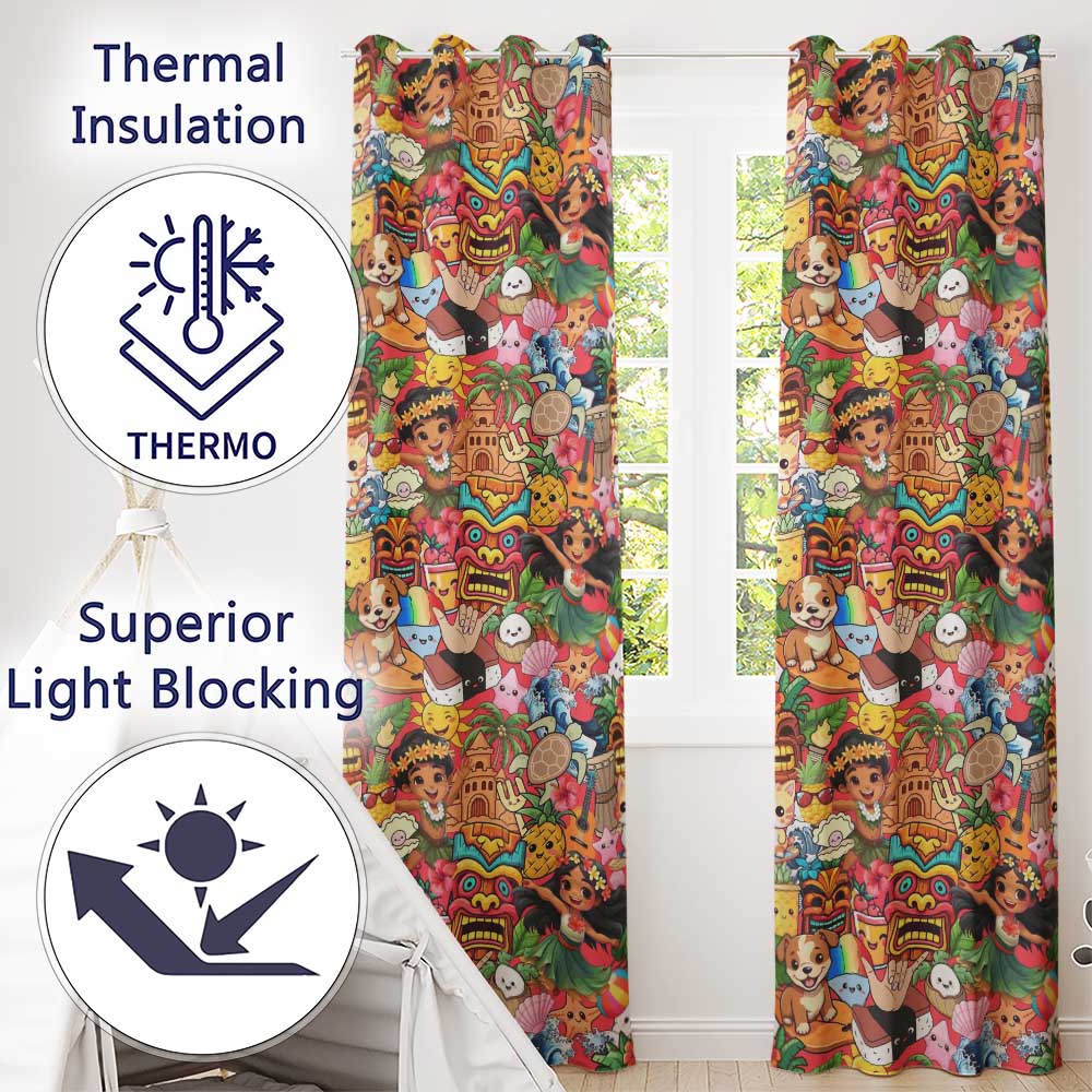 Cute Hawaiian Kids Red Background Tiki Beach Summer Cartoon Seamless Pattern  Readymade Eyelet Ring Top Thermal 100% Blackout Curtains