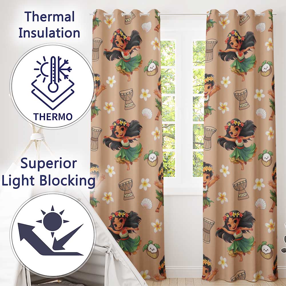 Cute Hula Girl Peach Background Tropical Flowers Coconut Seamless Pattern  Readymade Eyelet Ring Top Thermal 100% Blackout Curtains