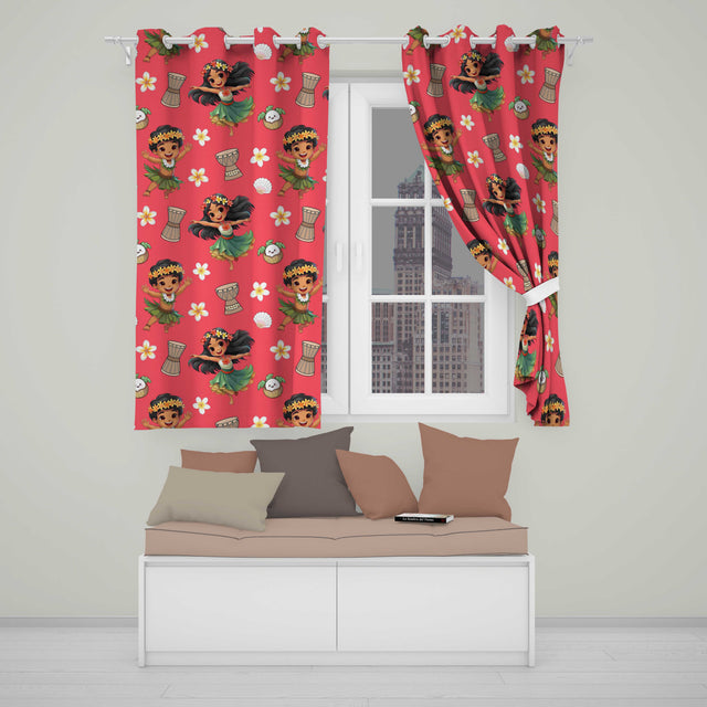 Cute Hula Girl Red Background Tropical Flowers Coconut Seamless Pattern  Readymade Eyelet Ring Top Thermal 100% Blackout Curtains