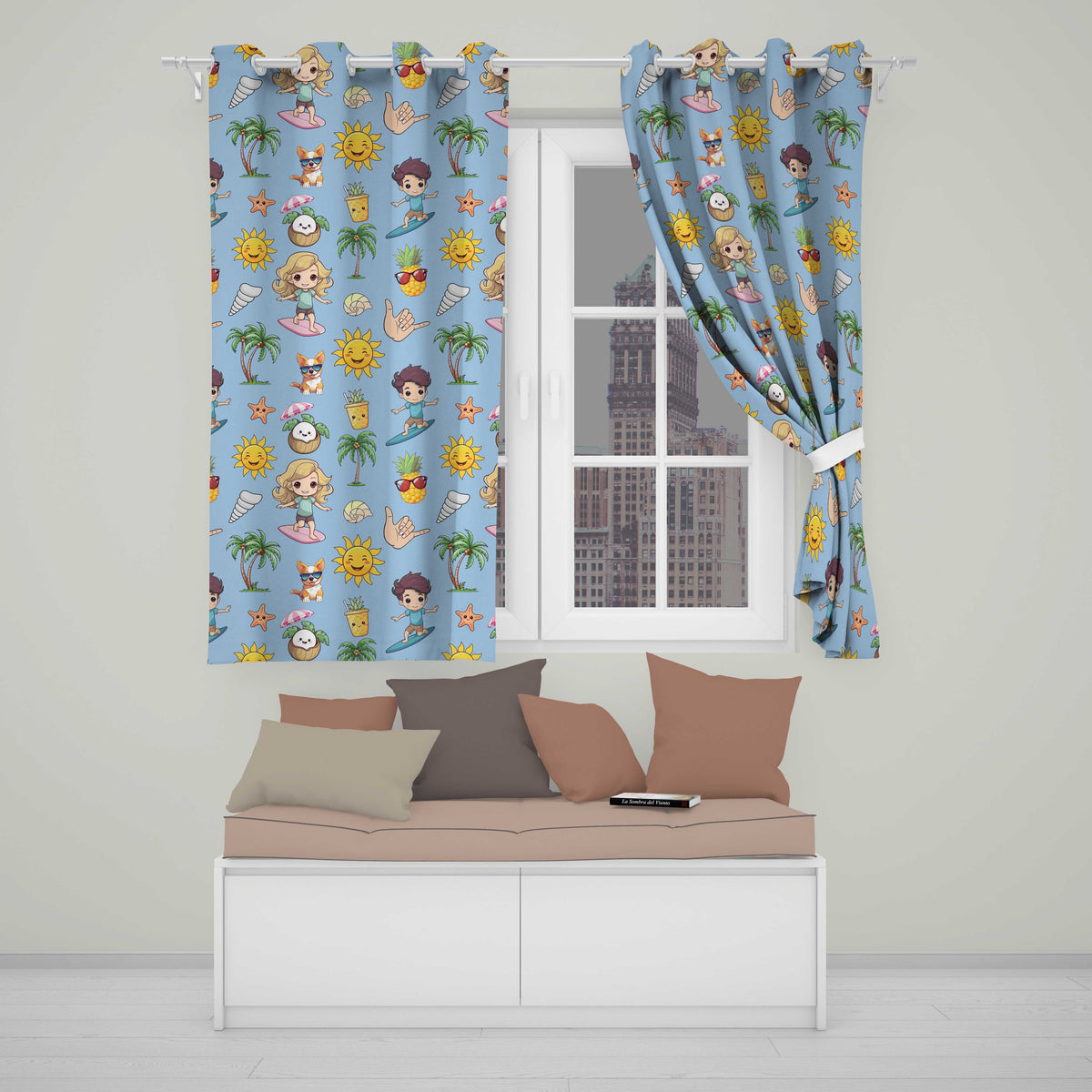 Cute Summer Beach Kids Surfing Sun Pineapple Dog Blue Seamless Pattern  Readymade Eyelet Ring Top Thermal 100% Blackout Curtains