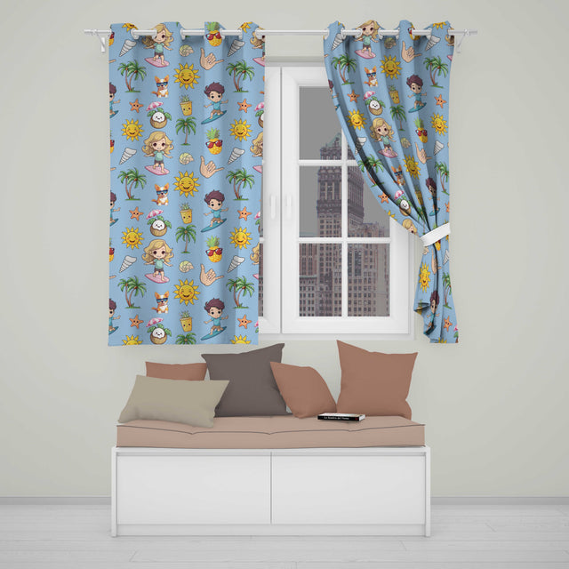 Cute Summer Beach Kids Surfing Sun Pineapple Dog Blue Seamless Pattern  Readymade Eyelet Ring Top Thermal 100% Blackout Curtains