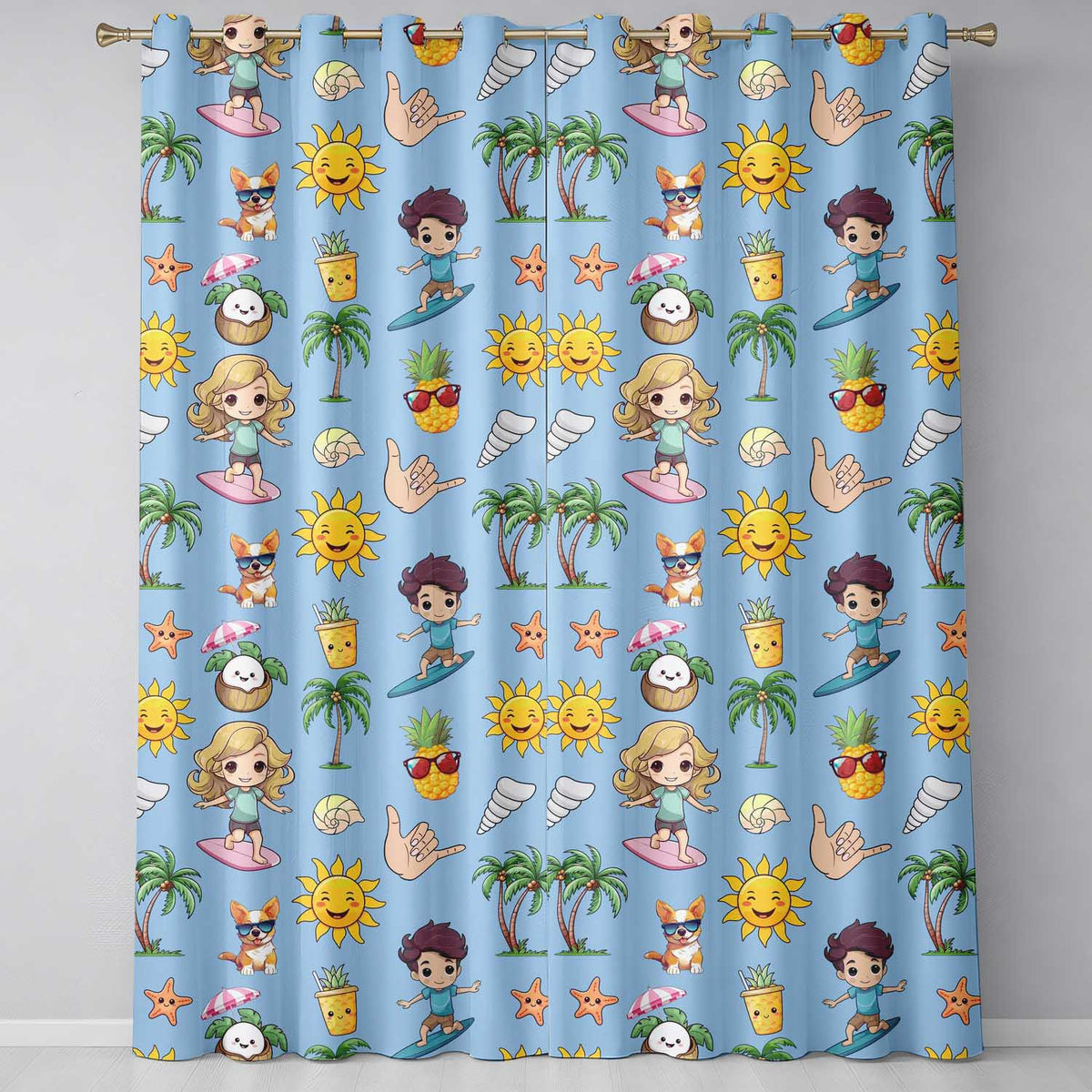 Cute Summer Beach Kids Surfing Sun Pineapple Dog Blue Seamless Pattern  Readymade Eyelet Ring Top Thermal 100% Blackout Curtains
