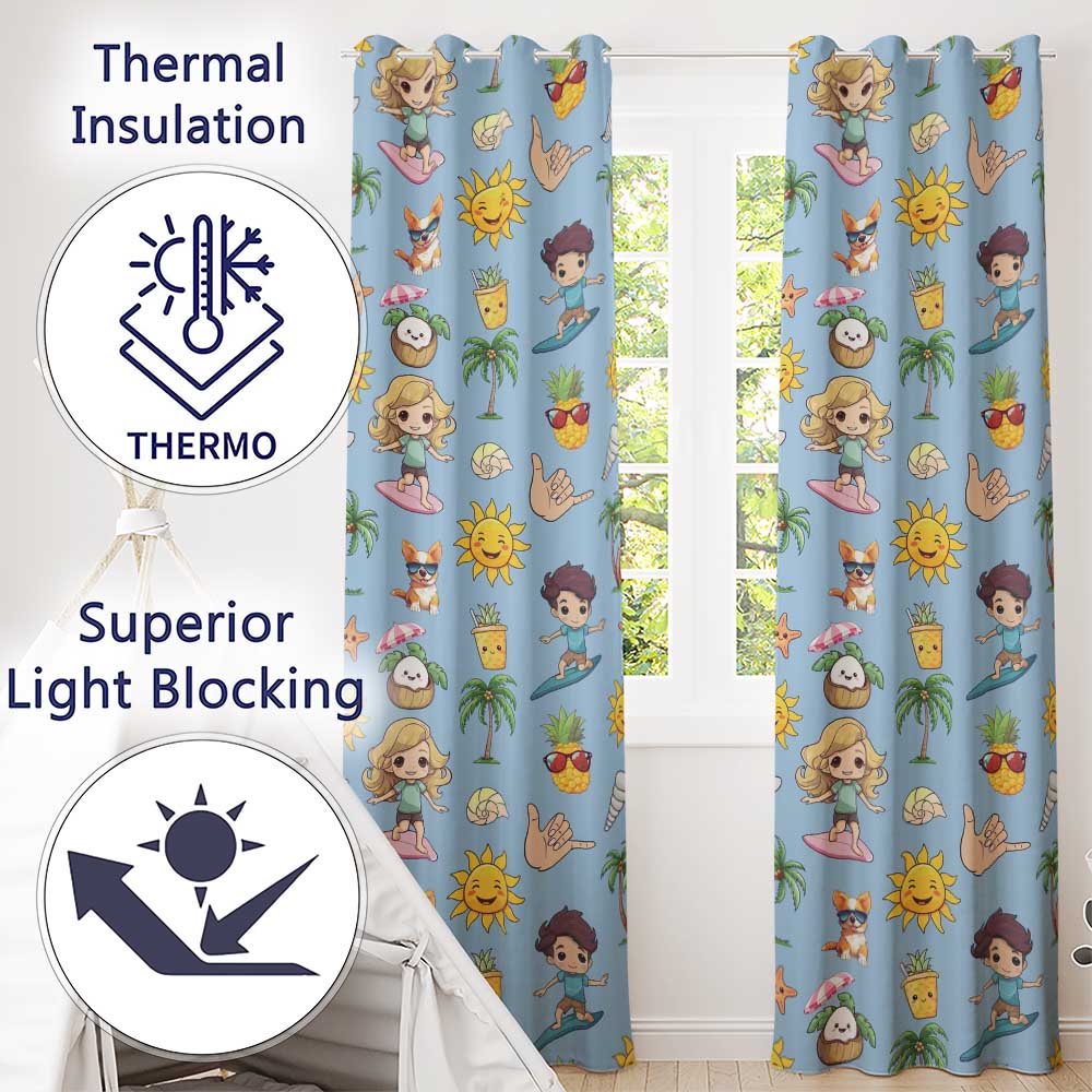 Cute Summer Beach Kids Surfing Sun Pineapple Dog Blue Seamless Pattern  Readymade Eyelet Ring Top Thermal 100% Blackout Curtains