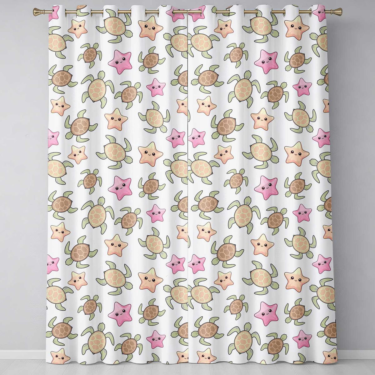 Cute Sea Turtles And Starfish Kawaii Ocean Seamless Pattern  Readymade Eyelet Ring Top Thermal 100% Blackout Curtains