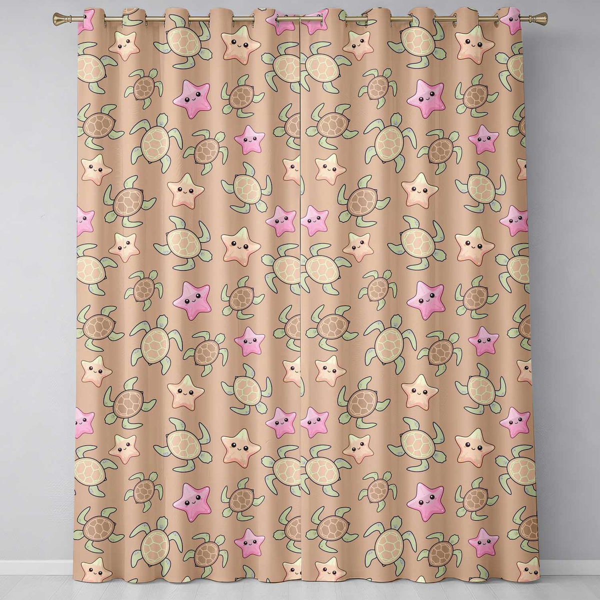 Cute Sea Turtles And Starfish Kawaii Peach Seamless Pattern  Readymade Eyelet Ring Top Thermal 100% Blackout Curtains