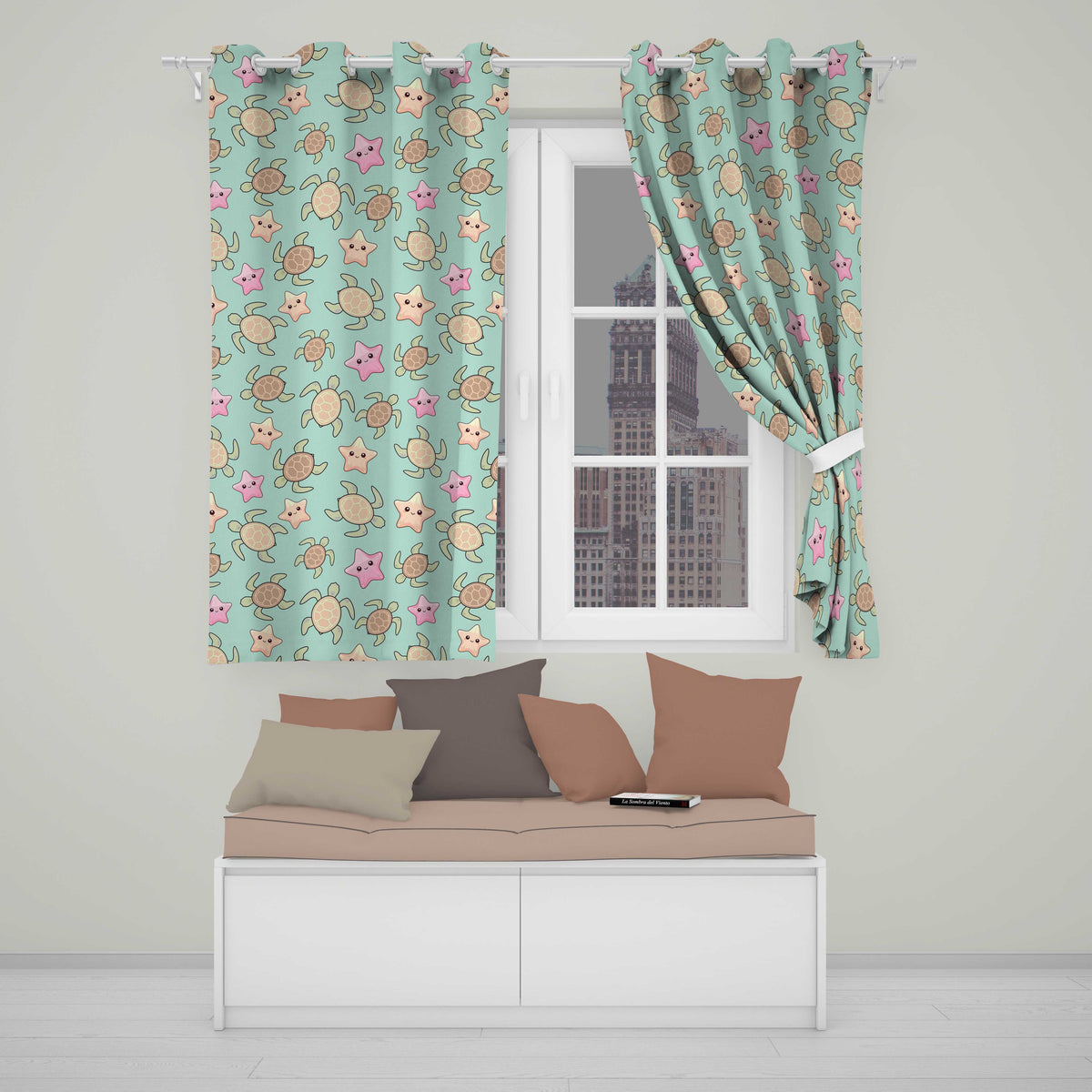 Cute Sea Turtles And Starfish Kawaii Teal Seamless Pattern  Readymade Eyelet Ring Top Thermal 100% Blackout Curtains