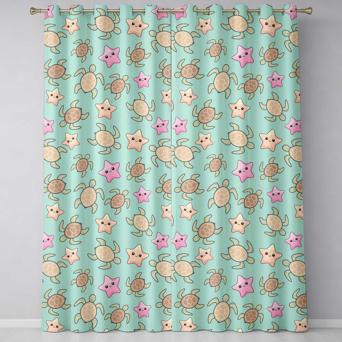 Cute Sea Turtles And Starfish Kawaii Teal Seamless Pattern  Readymade Eyelet Ring Top Thermal 100% Blackout Curtains