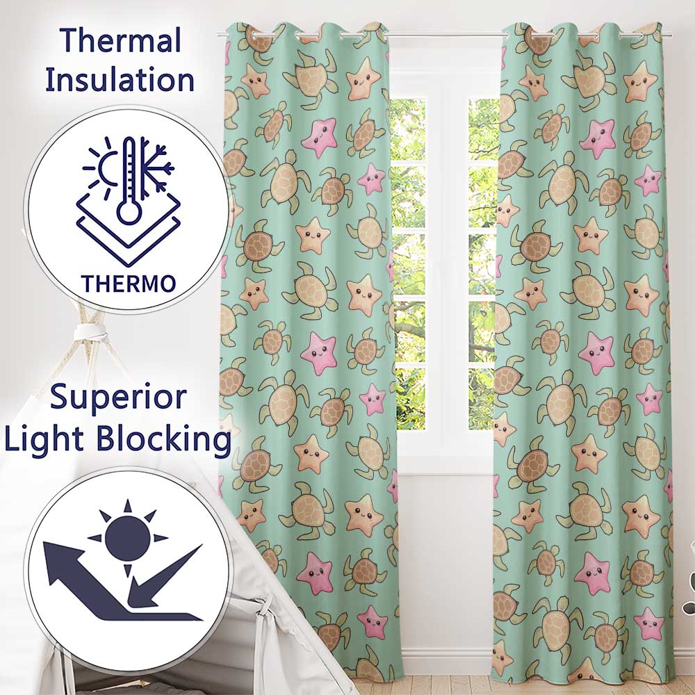 Cute Sea Turtles And Starfish Kawaii Teal Seamless Pattern  Readymade Eyelet Ring Top Thermal 100% Blackout Curtains
