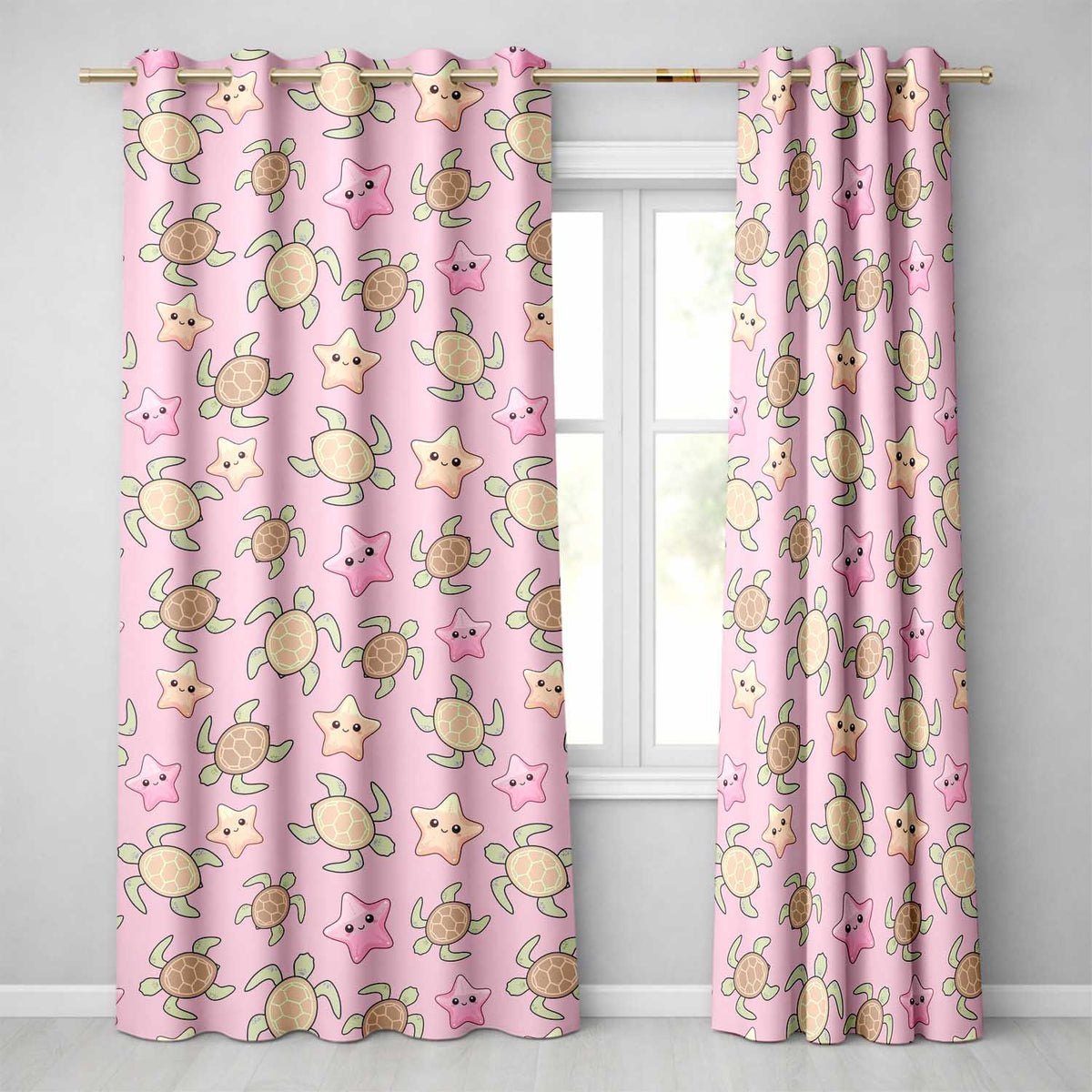Cute Sea Turtles And Starfish Kawaii Soft Pink Ocean Seamless Pattern  Readymade Eyelet Ring Top Thermal 100% Blackout Curtains