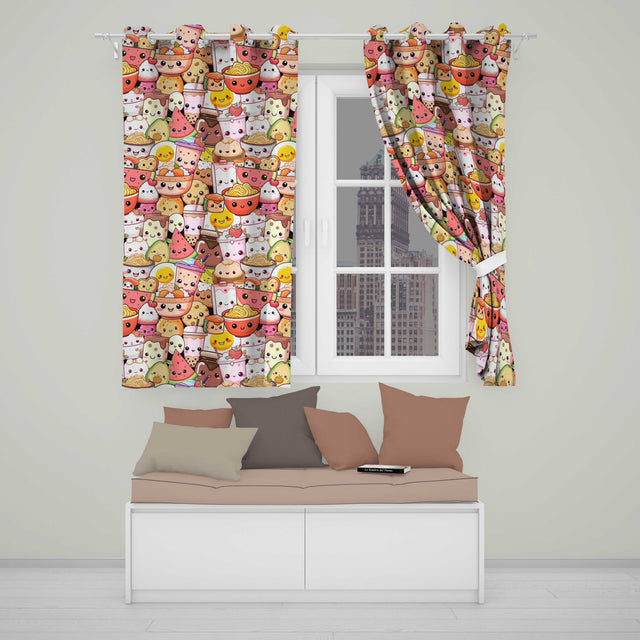 Cute Kawaii Food Characters Sushi Drinks Desserts Seamless Pattern  Readymade Eyelet Ring Top Thermal 100% Blackout Curtains