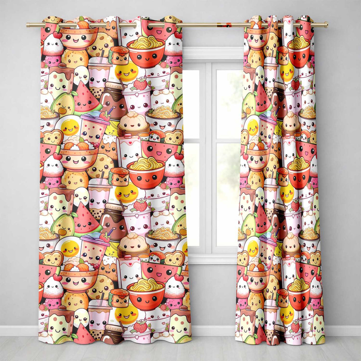 Cute Kawaii Food Characters Sushi Drinks Desserts Seamless Pattern  Readymade Eyelet Ring Top Thermal 100% Blackout Curtains