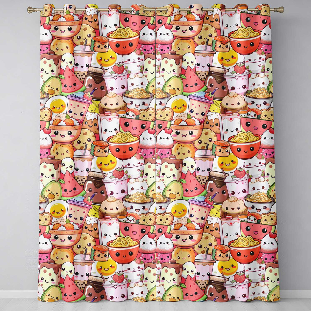 Cute Kawaii Food Characters Sushi Drinks Desserts Pink Seamless Pattern  Readymade Eyelet Ring Top Thermal 100% Blackout Curtains