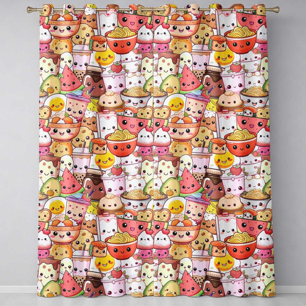 Cute Kawaii Food Characters Sushi Drinks Desserts Cream Seamless Pattern  Readymade Eyelet Ring Top Thermal 100% Blackout Curtains