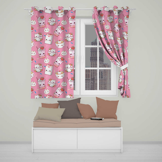 Cute Strawberry Cat Coffee Cups Bright Pink Kawaii Seamless Pattern  Readymade Eyelet Ring Top Thermal 100% Blackout Curtains