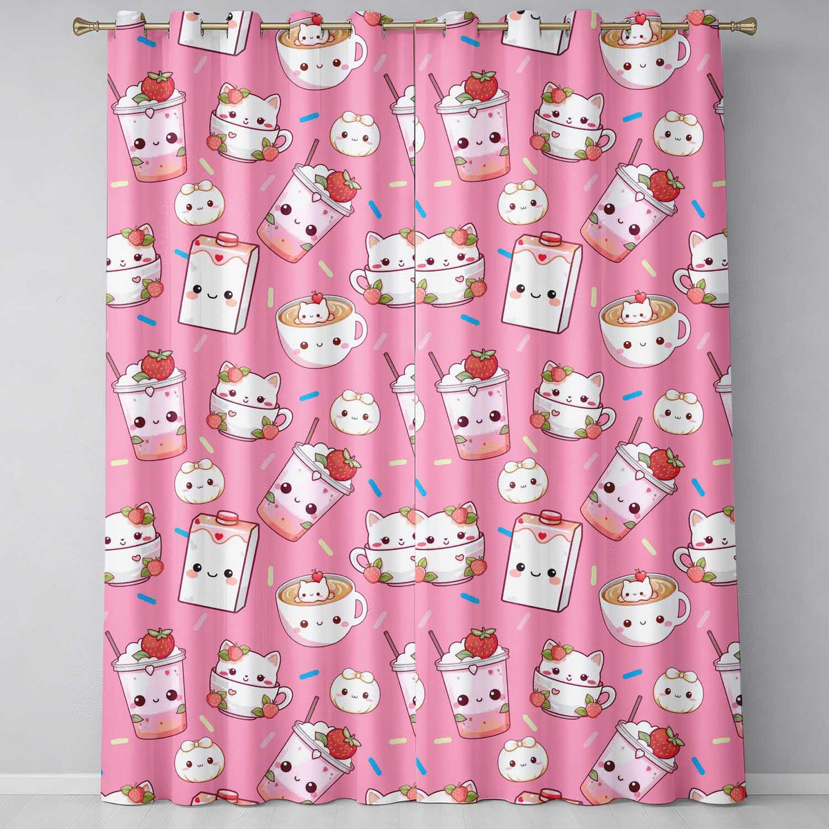 Cute Strawberry Cat Coffee Cups Bright Pink Kawaii Seamless Pattern  Readymade Eyelet Ring Top Thermal 100% Blackout Curtains
