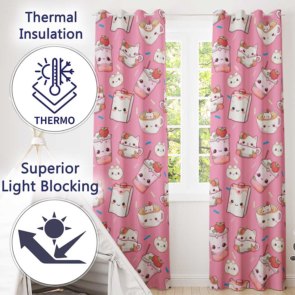 Cute Strawberry Cat Coffee Cups Bright Pink Kawaii Seamless Pattern  Readymade Eyelet Ring Top Thermal 100% Blackout Curtains