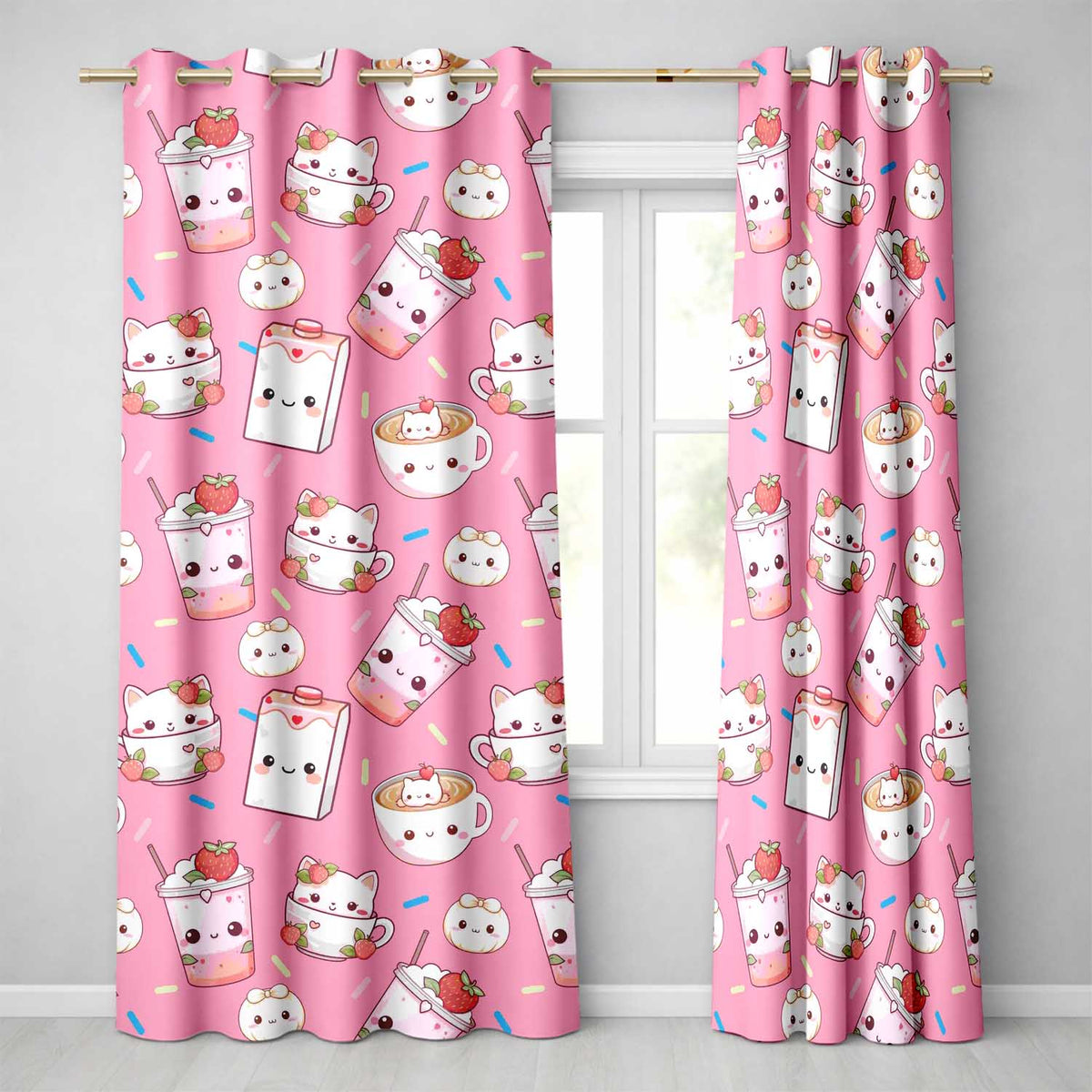 Cute Strawberry Cat Coffee Cups Bright Pink Kawaii Seamless Pattern  Readymade Eyelet Ring Top Thermal 100% Blackout Curtains