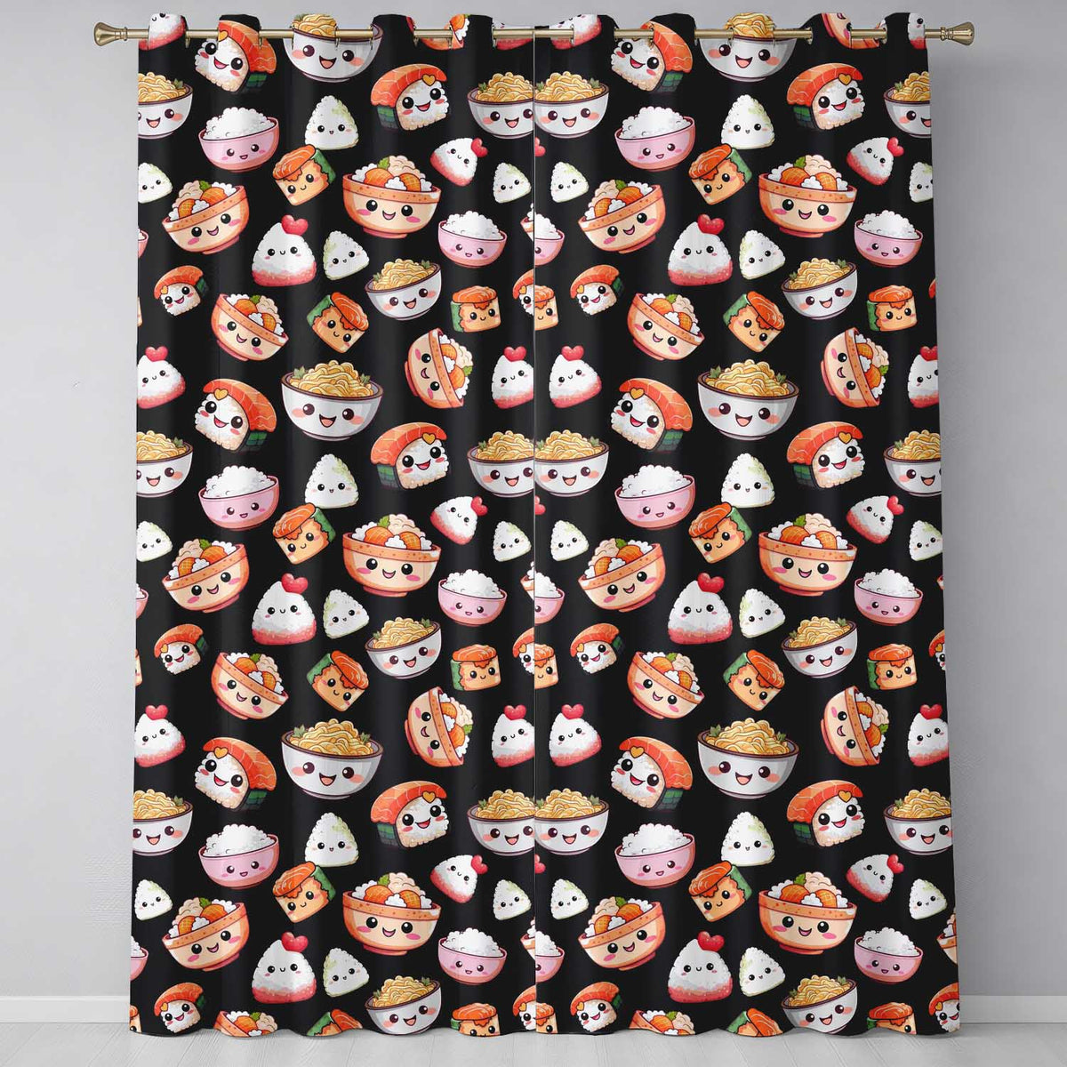 Cute Kawaii Sushi Rice Noodles Bowl Food Black Seamless Pattern  Readymade Eyelet Ring Top Thermal 100% Blackout Curtains