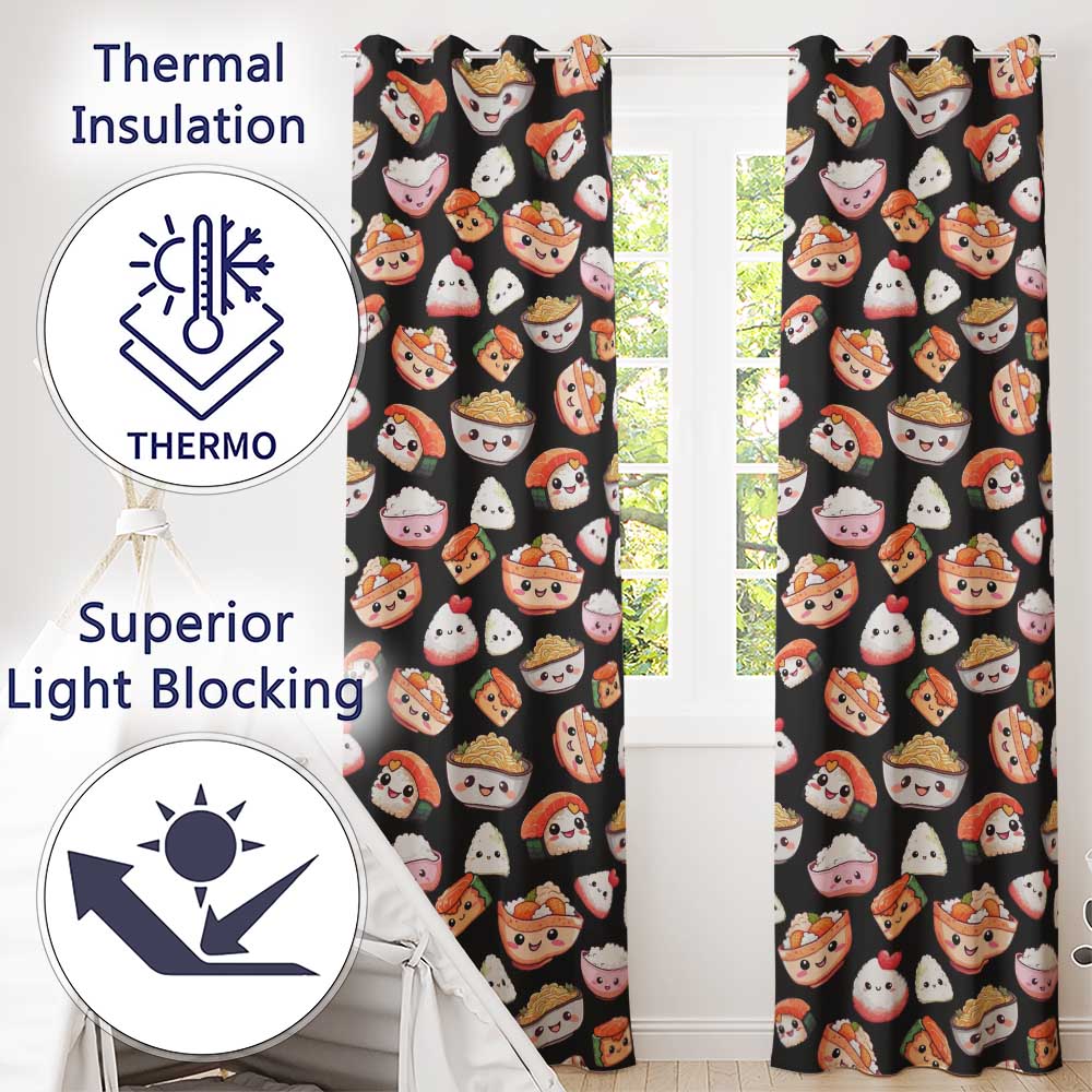 Cute Kawaii Sushi Rice Noodles Bowl Food Black Seamless Pattern  Readymade Eyelet Ring Top Thermal 100% Blackout Curtains