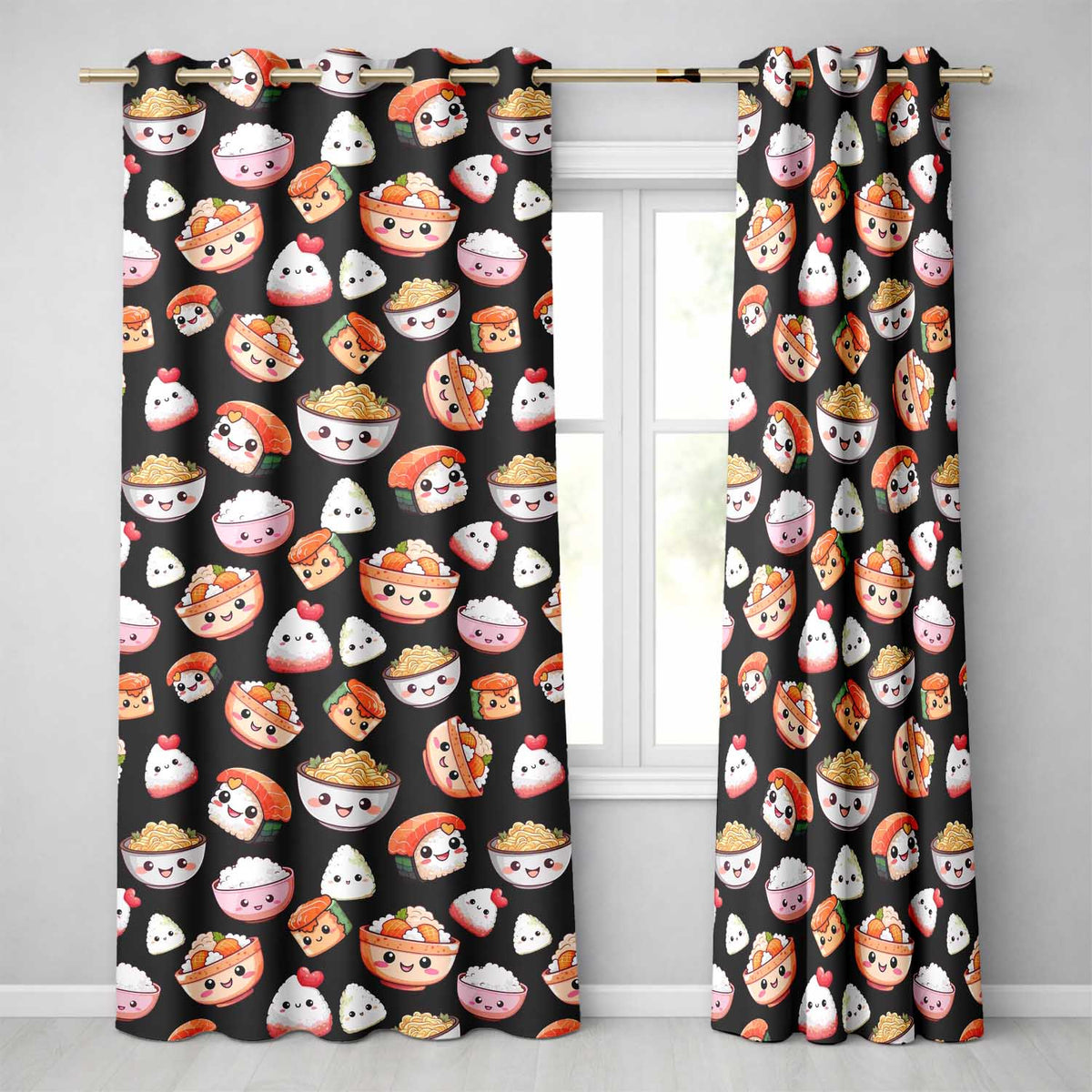 Cute Kawaii Sushi Rice Noodles Bowl Food Black Seamless Pattern  Readymade Eyelet Ring Top Thermal 100% Blackout Curtains