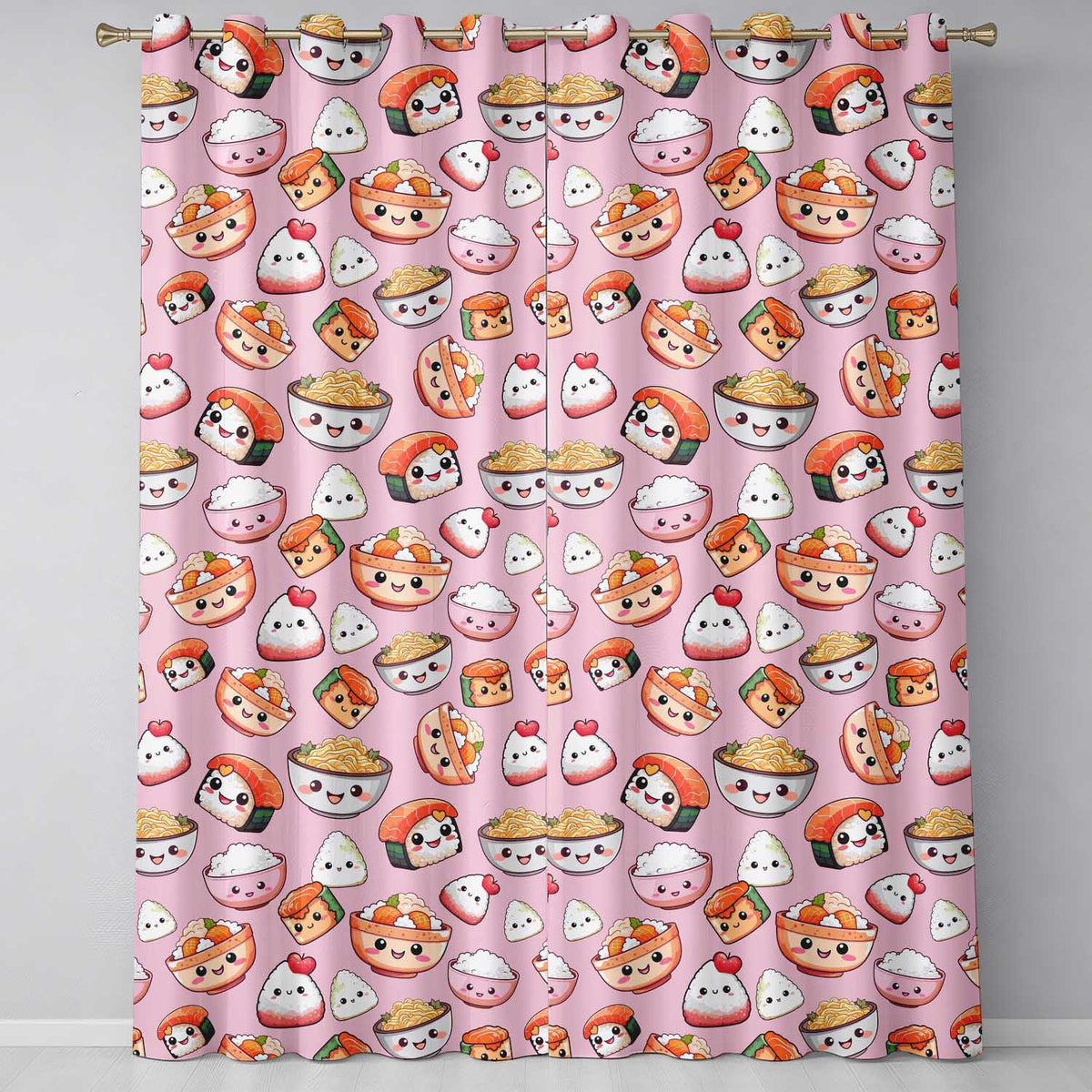 Kawaii Sushi Rice Bowls and Noodles Characters Pink  Seamless Pattern  Readymade Eyelet Ring Top Thermal 100% Blackout Curtains