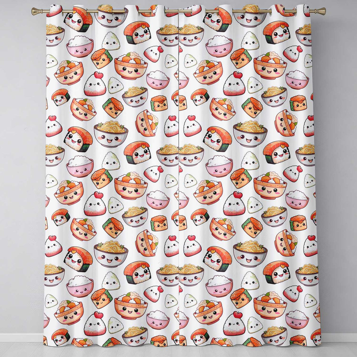Kawaii Sushi Rice Bowls and Noodles Characters White  Seamless Pattern  Readymade Eyelet Ring Top Thermal 100% Blackout Curtains