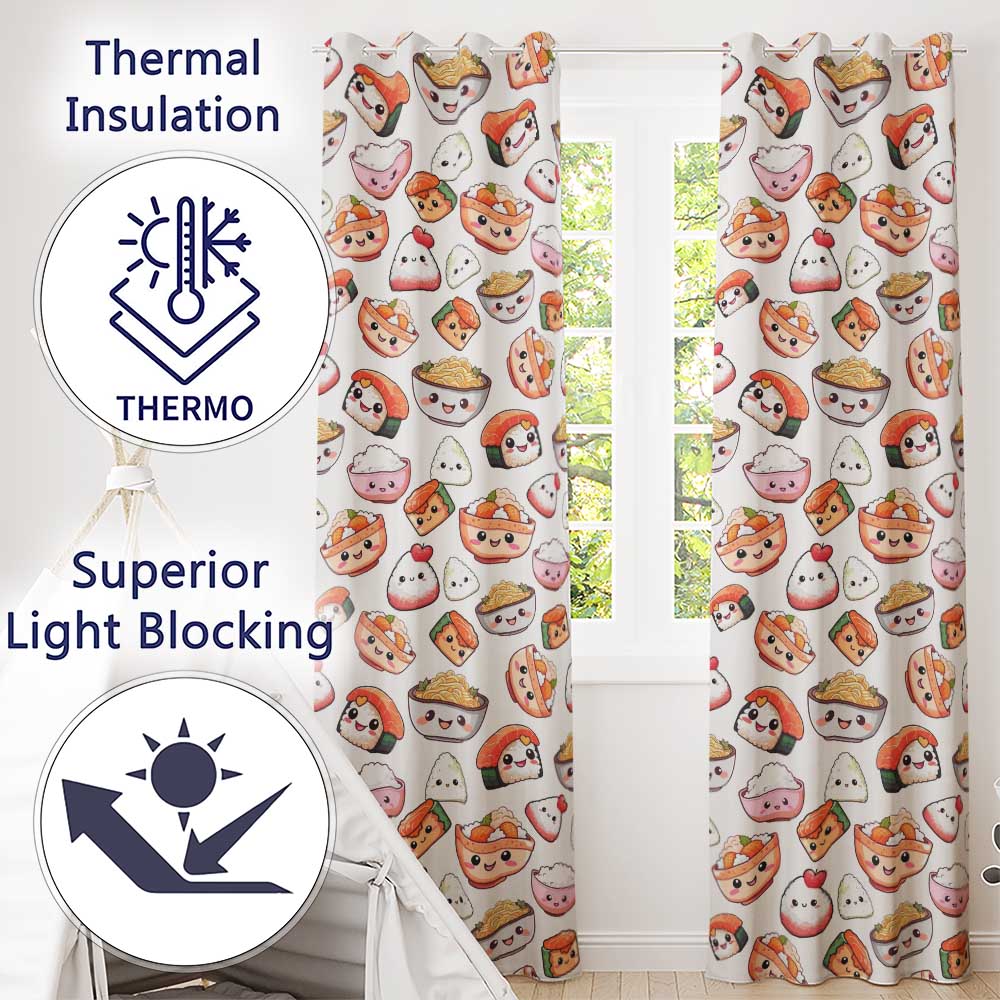 Kawaii Sushi Rice Bowls and Noodles Characters White  Seamless Pattern  Readymade Eyelet Ring Top Thermal 100% Blackout Curtains