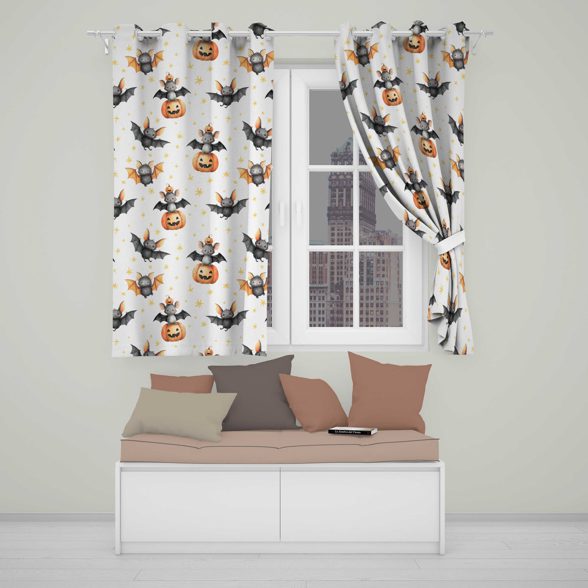 Cute Watercolor Bat Pumpkin and Stars Halloween Seamless Pattern  Readymade Eyelet Ring Top Thermal 100% Blackout Curtains