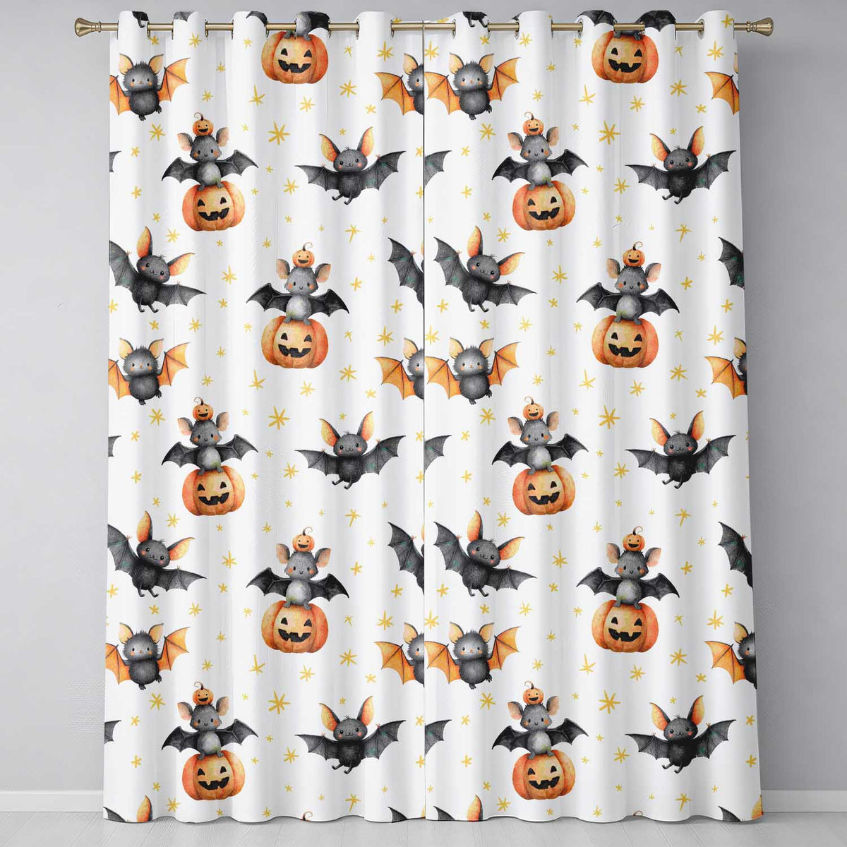 Cute Watercolor Bat Pumpkin and Stars Halloween Seamless Pattern  Readymade Eyelet Ring Top Thermal 100% Blackout Curtains