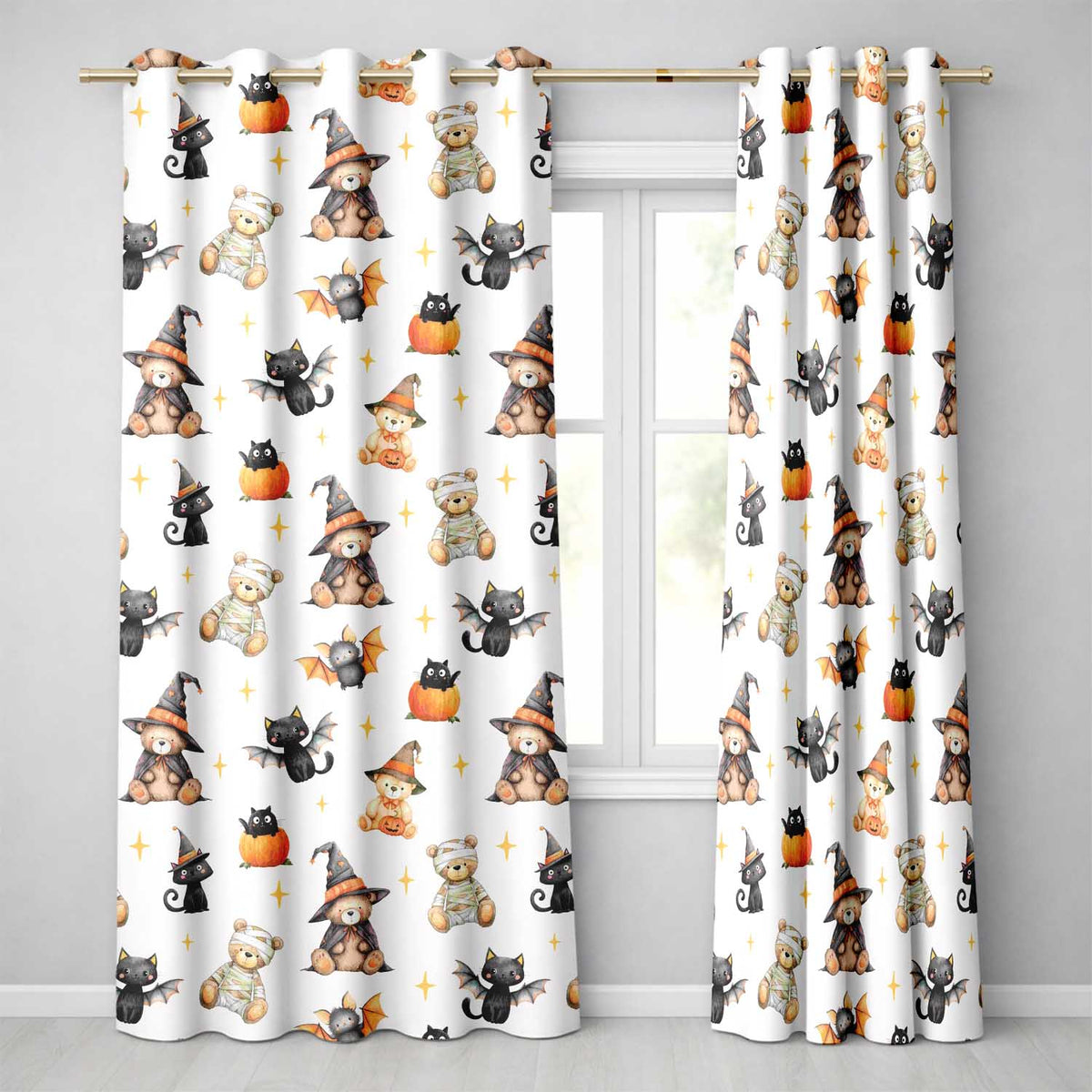 Cute Watercolor Halloween Bats and Pumpkins with Stars Seamless Pattern  Readymade Eyelet Ring Top Thermal 100% Blackout Curtains