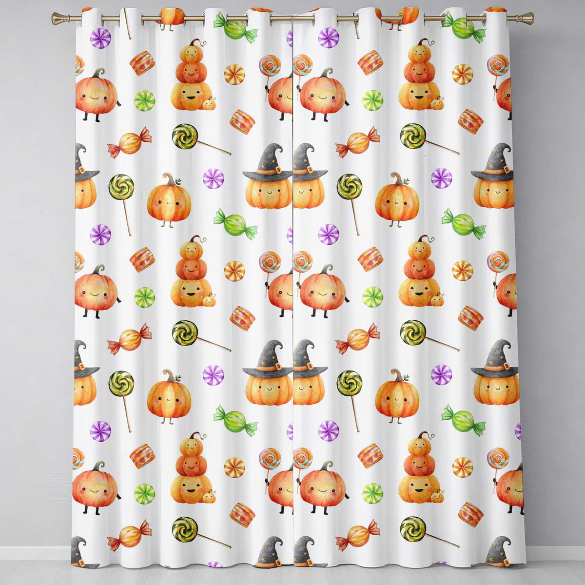 Cute Autumn Pumpkins Candy and Lollipops Watercolor Seamless Pattern  Readymade Eyelet Ring Top Thermal 100% Blackout Curtains