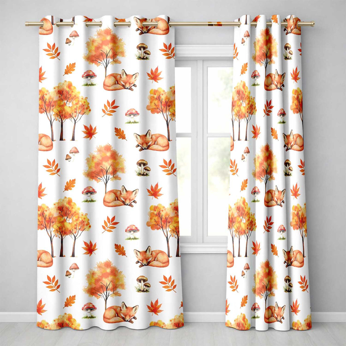 Cute Autumn Fox Leaves Mushrooms Watercolor Neutral Seamless Pattern  Readymade Eyelet Ring Top Thermal 100% Blackout Curtains